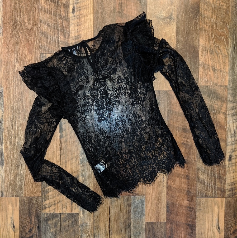 TOBI NICKIE BLACK DBL RUFFLE LONG SLEEVE LACE TOP - Picture 7 of 8